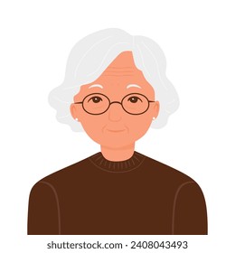 Old senior woman, portrait in flat style. Grandmother wearing glasses, with grey hair. Cute elderly retired character isolated on white background. Happy elder woman, head portrait.Vector illustration