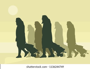 Old, senior, senior woman, with suitcase, cartoon illustration on desert background Full length portrait of old woman, senior woman traveler with Luggage, suitcase
