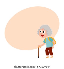 Old, senior woman, tourist with backpack and stick on vacation tour, cartoon vector illustration with space for text. Full length portrait of old lady, woman tourist on sightseeing tour
