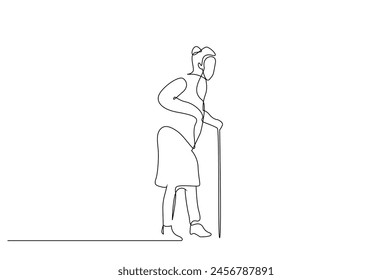 old senior woman walking stick life one line art design vector