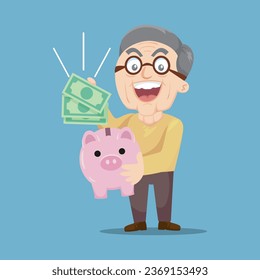 Old or senir man with piggy bank and saving money, illustration, vector, cartoon, EPS 10.  