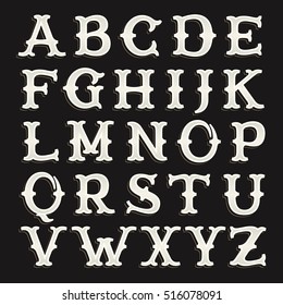 Old serif alphabet font on the dark background. Vintage vector typeface for labels, headlines, posters, cards etc.