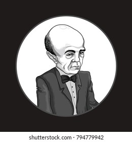 old serious man in grey costume  with butterfly on neck  on white background. Vector Depressed office man  isolated on white background