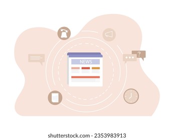 Old set combination. newspaper, text, chat, phone, loudspeaker, clock. Daily technology information. Background designs. Vector flat illustration