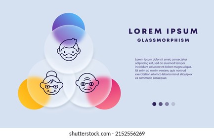 Old set icon. A man with a beard, old grandma and grandpa. Family concept. Glassmorphism style. Vector line icon for Business and Advertising.