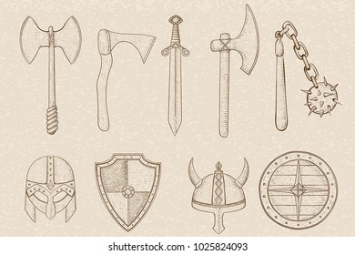 Old set of weapons and equipment. Hand drawn sketch on beige background. Vector illustration