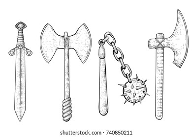 Old set of weapons. Hand drawn sketch. Vector illustration isolated on white background