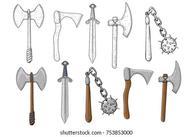 Old set of weapons. Hand drawn sketch. Vector illustration isolated on white background
