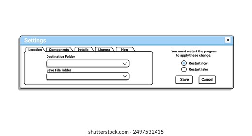 Old setting for computer in blue color. Retro user interface with options. Vintage explorer from 90s.