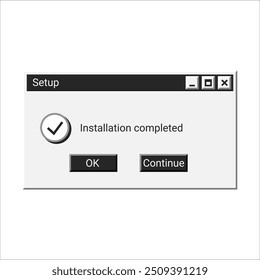 Programa de instalação antigo em preto. Software de instalação em estilo retrô. Janela do instalador com mensagem.
