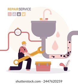 Old sewerage. Broken water supply. Water leak. Repairman uses wrench and fix blockage in water supply pipes. Handyman repairing plumbing. Washbasin becomes clogged with water leaking. flat vector 