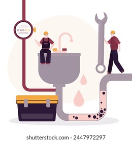 Old sewerage. Broken water supply. Water leak. Team of repairman uses wrench and fix blockage in water supply pipes. Handyman repairing plumbing. Washbasin becomes clogged with water leaking. vector 