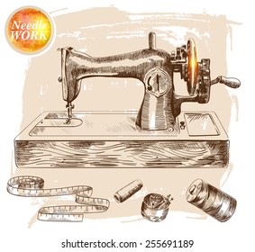 old sewing machine and accessories vector emkiz on a gray background