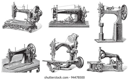 Old sewing machine collection / vintage illustrations from Meyers Konversations-Lexikon 1897