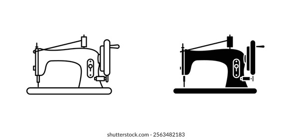 Old sewing machine icons in outline and fill. vector illustration for ui.