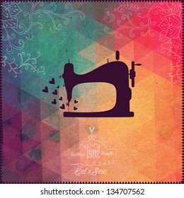 Old Sewing Machine On Hipster Background Made Of Triangles With Grunge Paper. Retro Background With Floral Ornament And Geometric Shapes.Retro Label Design. Color Flow Effect. Hipster Theme Label.
