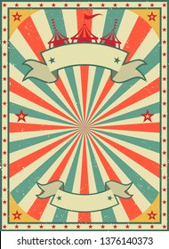 Old shabby American circus billboard in retro style. Vintage advertising poster with rays and aged background and ribbon. flat vector illustration