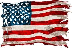 Old, Shabby American Flag On A White Background. Detailed Realistic Illustration.