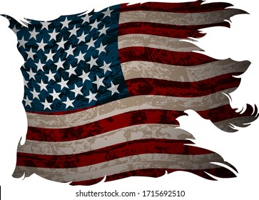 Old, shabby american flag on a white background. Detailed realistic illustration.