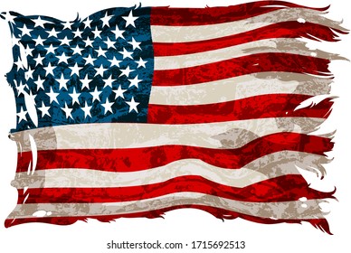 Old, shabby american flag on a white background. Detailed realistic illustration.