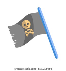 Old shabby black pirates flag with skull on blue stick