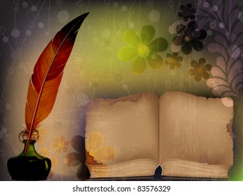  Old shabby book, feather and inkwell on a floral background