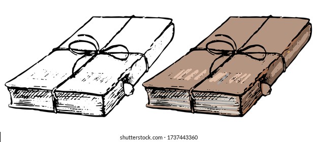 Old shabby book. Hand drawn vector illustration. Set of contour and color drawings isolated on white. Vintage engraving, ink sketch. Elements for design, card, print, sticker, pattern, banner, decor.