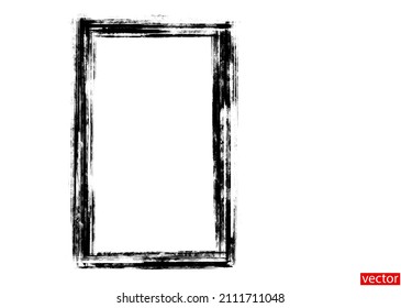 Old shabby frame isolated on white background. Grunge thin dirty backdrop. Frame in strokes of black paint. Aged border template. Rectangular vertical frame with copy space. Vector