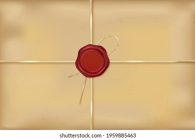 Old shabby note paper or an envelope tied with a rope with a red stamp.Vector illustration of the wax luxury seal.Design element.