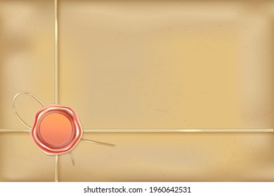 Viejo papel de nota desgastado o sobre atado con una cuerda con un sello de bronce.Ilustración vectorial del sello de lujo de cera.Elemento de diseño.