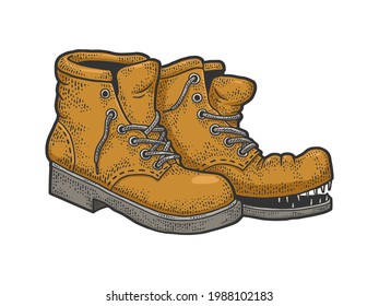 Old shabby ragged torn boots color line art sketch engraving vector illustration. T-shirt apparel print design. Scratch board imitation. Black and white hand drawn image.