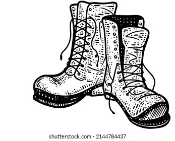 Old shabby ragged torn boots sketch engraving vector.