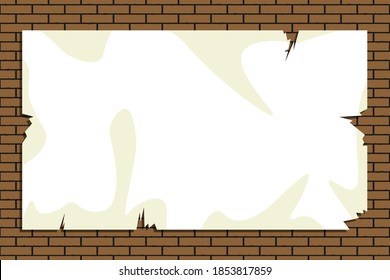 Old shabby, threadbare torn announcement sheet, advertisement hanging on a brick wall. Blank, template for announcement, ad, advertisement, lettering and inscription, text. Vector