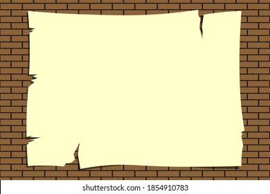 Old shabby, threadbare torn announcement sheet, advertisement hanging on a brick wall. Blank, template for announcement, ad, advertisement, lettering and inscription, text. Vector