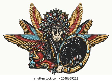 Old shaman and shamanic drums Ancient Maya Civilization. Mexican mesoamerican culture. Tattoo and t-shirt design. Native American Indian art 