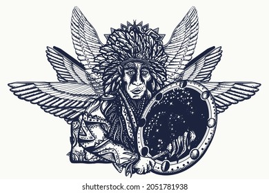 Old shaman and shamanic drums Native American Indian art. Ancient Maya Civilization. Mexican mesoamerican culture. Tattoo and t-shirt design 
