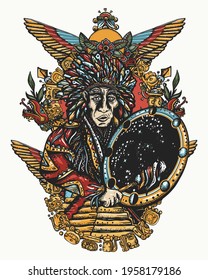 Old shaman. Totem. Ancient Maya Civilization. Pyramids, glyphs, Kukulkan. Mexican mesoamerican culture. Tattoo and t-shirt design. Native American Indian 