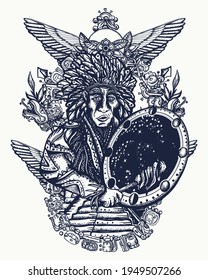 Old shaman. Totem. Tattoo and t-shirt design. Native American Indian. Ancient Maya Civilization. Pyramids, glyphs, Kukulkan. Mexican mesoamerican culture