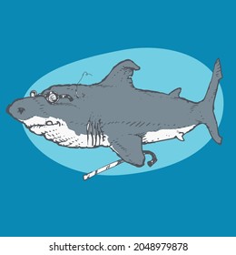 old shark with walking stick, funny cartoon illustration. background is in the separate layer.