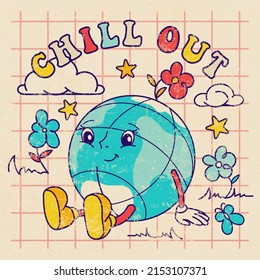 Old sharpen poster, tee, t shirt and sticker with groovy Earth character in trendy retro cartoon style. 70's Funny globe with fun slogan: Chill out. Good vibes and smiley face