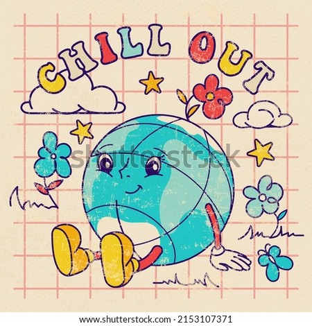 Old sharpen poster, tee, t shirt and sticker with groovy Earth character in trendy retro cartoon style. 70's Funny globe with fun slogan: Chill out. Good vibes and smiley face