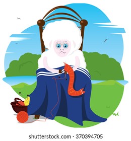 Old sheep knitting a sock on summer meadow