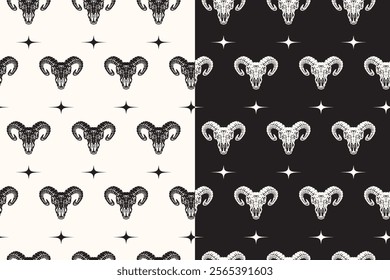 old sheep skull bone seamless pattern on black white background for adventure merchandise.  retro curved horns with skull pattern background. pattern of animal skull with big horn vector background