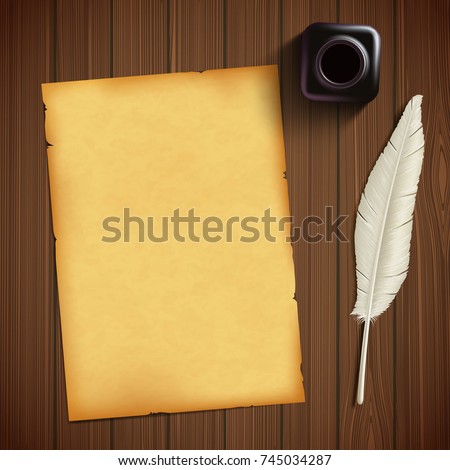 Old sheet of paper for writing and feather with an inkwell on a wooden table. Vintage retro style background. Stock vector illustration.