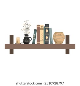 Old shelf with stack of vintage books, jug with dried herbs, candle, and clay pot. Isolated design element for fairy and retro interiors. Vector illustration