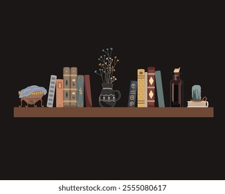 Old shelf with vintage books, tincture bottle, jam and pot with dried flowers. Isolated design element for fairy and retro interiors.