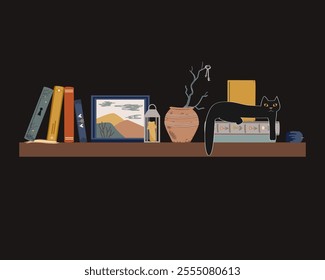 Old shelf with vintage jag, painting, candle, and books, and black cat lying in a book pile. Isolated design element for fairy and retro interiors