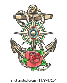 Old ship Anchor in ropes with Compass Wind rose and Rose Flower. Vector illustration.