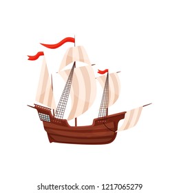 Old ship with big beige sails and red flags. Wooden sailing boat. Marine transport. Sea travel theme. Flat vector design