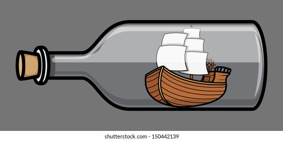 Old Ship in Bottle - Vector Illustration
